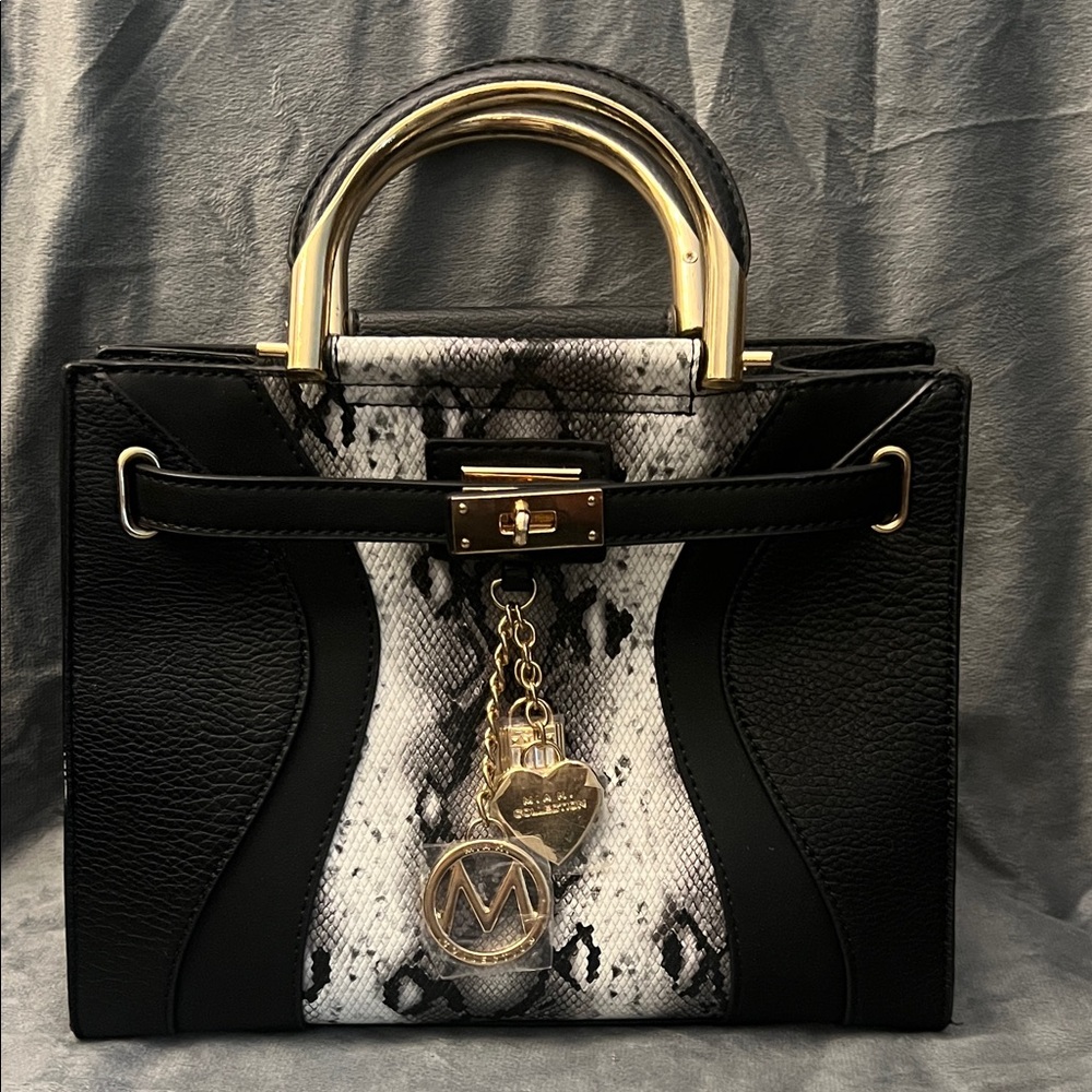 Elegant Black and White Satchel with Gold Handles